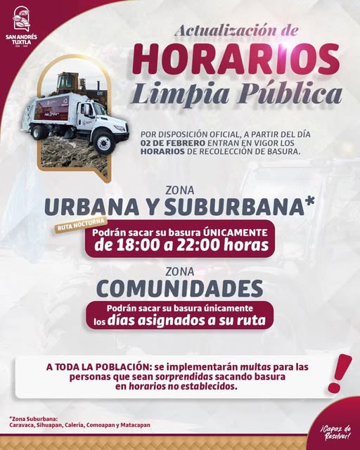 Ayuntamiento de San Andrés Tuxtla anuncia nuevos horarios de recolección de basura
